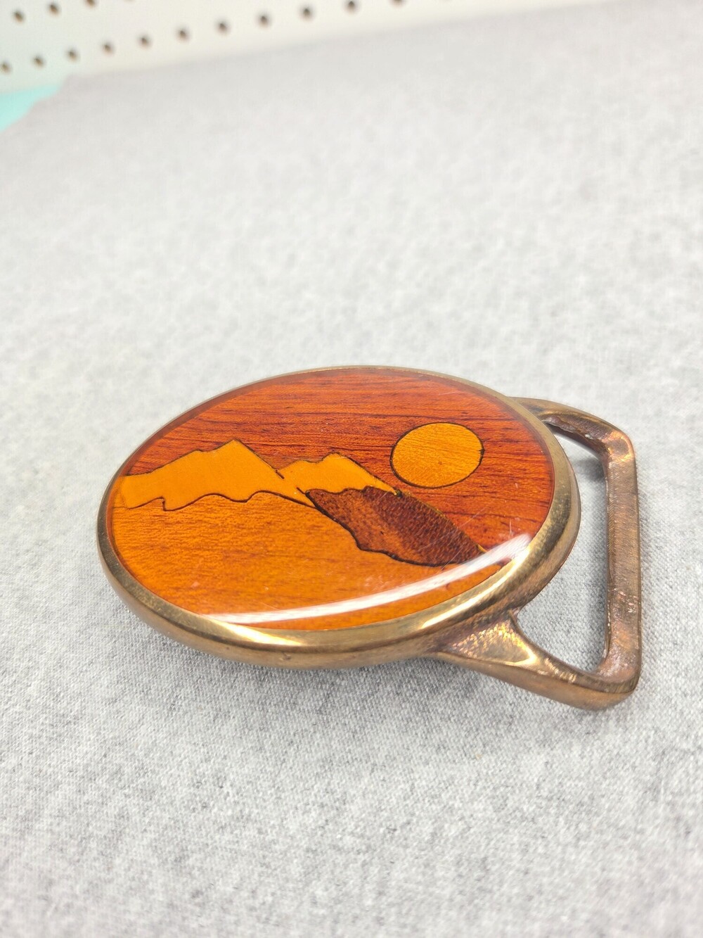 Von West Tech Ether Guild Belt Buckle 1970s Wood Inlay Brass Mountain Sunset